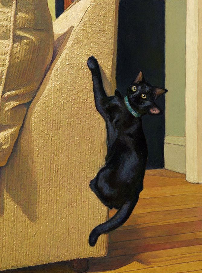 Oil painting of a black cat climbing the arm of a couch