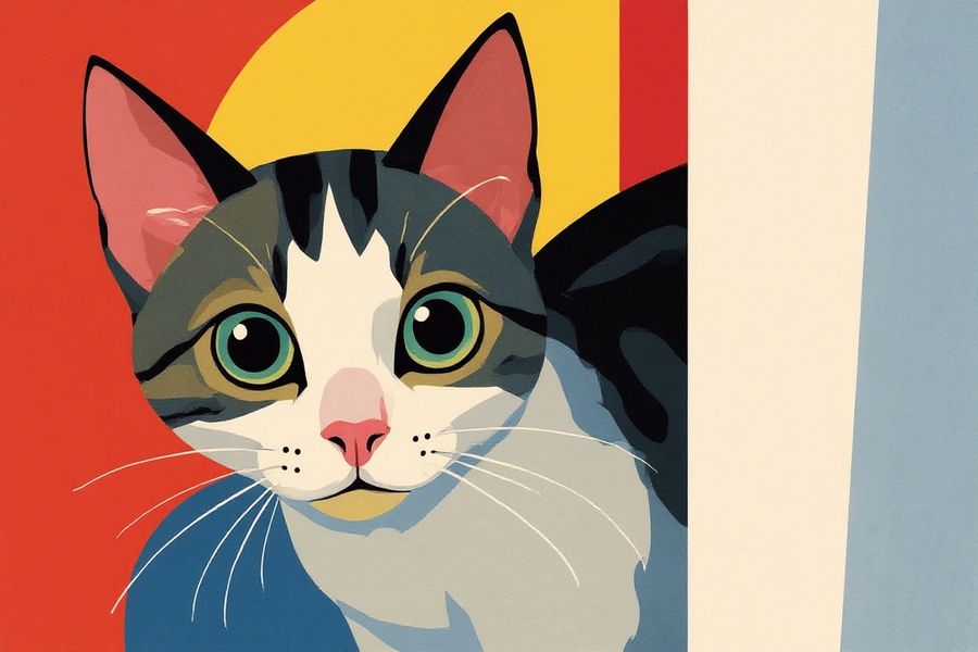A peeking kitten as a geometric Bauhaus composition — an art piece inspired by the photo rather than a likeness
