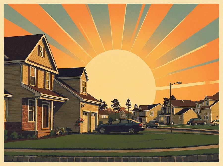 A suburban home as a 1930s screen-printed travel poster with a radiant sunburst sky