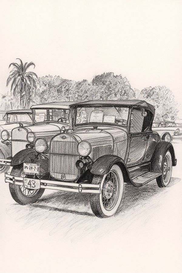 Charcoal sketch of a vintage roadster at a car show
