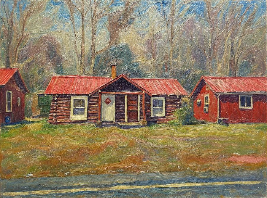 Impressionist oil painting of red-roofed log cabins in the woods